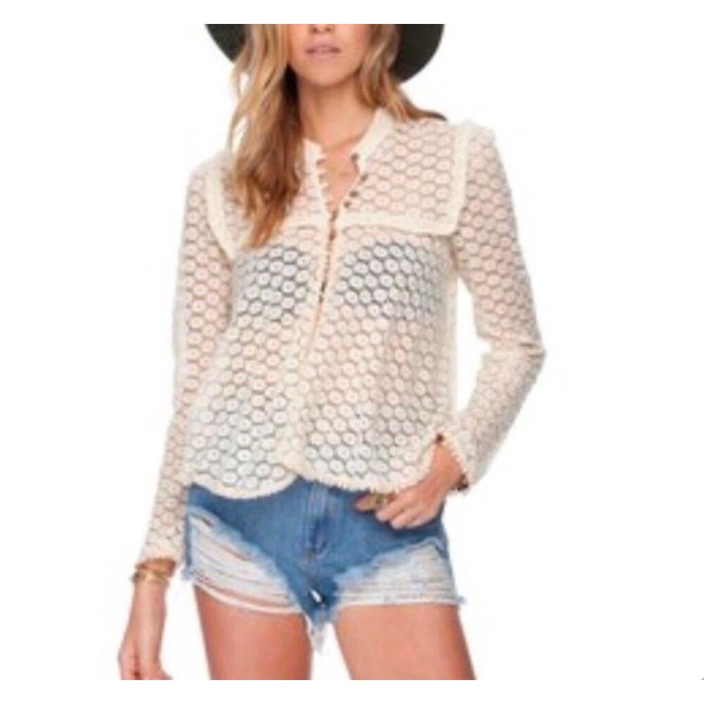 Free People Blouse Ivory Victorian Ruffle Lace Floral JacketCrochet Brass Med.